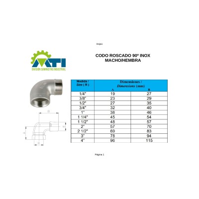 Codo roscado 90º inoxidable EN 10226-1 Macho-Hembra