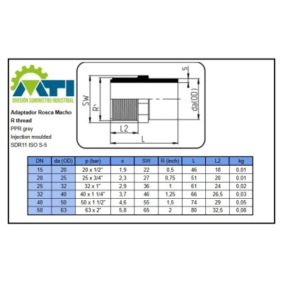 Adaptador Soldar Tope-Rosca M BSP PP Gris PN10 SDR11
