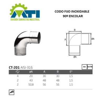 Codo Fijo inoxidable a 90º para encolar