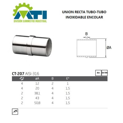 Unión recta tubo-tubo inoxidable para encolar
