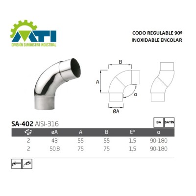 Codo Regulable inoxidable a 90º para encolar