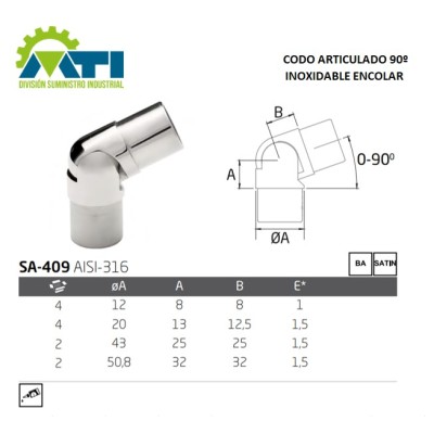 Codo Articulado inoxidable a 90º para encolar