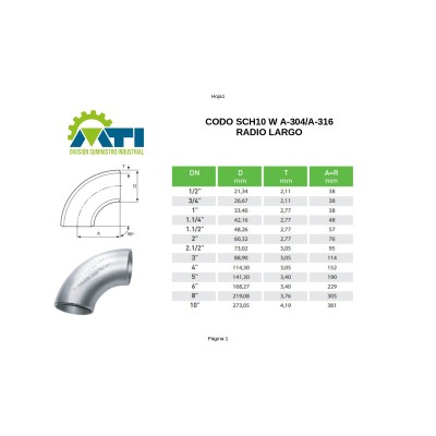 Codos soldados acero inoxidable serie sch-10 radio largo para soldar según ASTM-403WP-S (ANSI B 16.9)